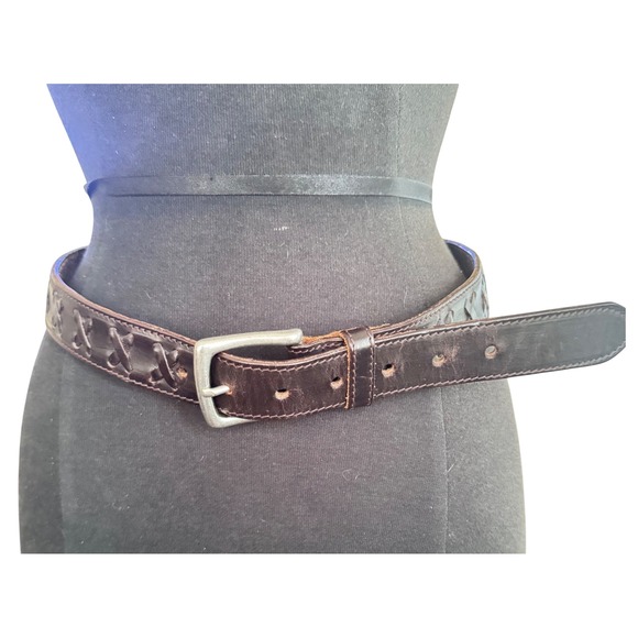 J. Crew Leather Belt Brown Woven X Detail Made in England M Preloved - Picture 1 of 10